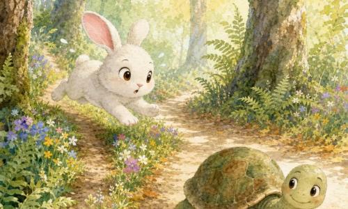 Théo, petit lapin blanc aux yeux noisette et longues oreilles roses, court essoufflé en prenant un raccourci sur un sentier étroit tandis qu'une tortue calme à la carapace verte tachetée de brun avance lentement sur le chemin principal; la forêt lumineuse de grands chênes, fougères et tapis de feuilles jaunes, avec des fleurs bordant le raccourci, crée une scène joyeuse et mouvementée aux couleurs pastel et textures aquarelle.