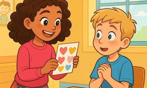 Nina, une fille de 10 ans aux cheveux châtains bouclés et aux yeux pétillants, sourit en tenant une carte décorée de cœurs colorés. Elle porte un pull rose vif et une jupe florale, assise à une table en bois dans une salle de classe lumineuse. À côté d'elle, Léo, un garçon de 10 ans aux cheveux blonds et aux joues rouges, regarde la carte avec émerveillement, portant un t-shirt bleu et un pantalon beige. La salle est décorée de guirlandes de cœurs en papier et de dessins d'enfants, baignée de lumière. Nina offre sa carte de Saint-Valentin à Léo, un moment de partage et d'amitié chaleureux.
