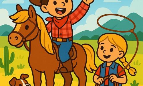 Un jeune cow-boy, Jack, d'environ 12 ans, se tient sur son cheval Lucky, un mustang brun. Il sourit avec détermination, portant un chapeau de cow-boy et une chemise à carreaux rouges. À ses côtés, Lily, 11 ans, tireuse d'élite avec des cheveux blonds tressés et un gilet en denim, est prête avec son lasso. Rusty, le terrier de Jack, aboie joyeusement. La scène se déroule dans une prairie ensoleillée avec des collines verdoyantes et un ciel bleu. Jack défie un bandit invisible, levant le poing et criant avec assurance, tandis que le vent fait flotter leurs vêtements, symbolisant leur courage.
