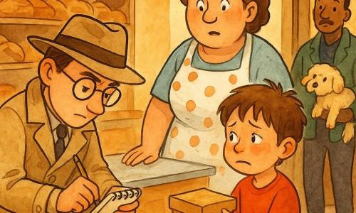Dans une boulangerie au sol carrelé et à la lumière chaude du matin, le détective Marin, visage doux et concentré, lunettes rondes et manteau beige froissé, penché sur un plateau vide pour noter des miettes dans un carnet à spirales, observe Tom, garçon de 7 ans aux cheveux châtains et joues rouges, qui tend une petite boîte en carton à la boulangère Madame Lenoir, femme d'environ 50 ans au visage chaleureux et tablier à pois, surprise puis douce derrière le comptoir; en arrière-plan Monsieur Pipo, la quarantaine et moustache fine, tient la petite chienne pelucheuse Moumoute près de la porte; l'ambiance est tendre et lumineuse, centrée sur la réparation et l'acceptation, avec des détails sucrés (miettes, ruban bleu, carnet).