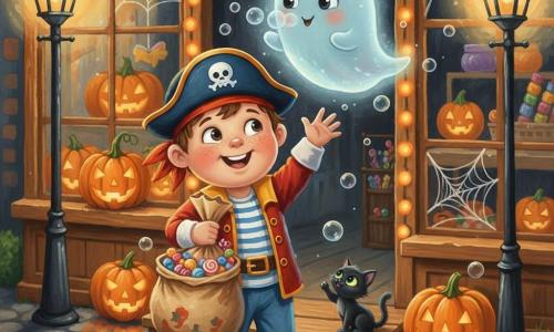 Lucas, 5 ans, en costume de petit pirate rouge et bleu, visage rond à taches de rousseur et grands yeux brillants, souriant et tenant un sac de bonbons tout en levant la main vers une bulle ; Poupou, petit fantôme amical bleu pâle et translucide avec un léger halo blanc, flotte au-dessus de l'épaule et souffle des bulles scintillantes ; un minuscule chat noir aux yeux verts est assis sur le seuil de la boutique de bonbons, levant la patte vers les bulles ; devanture en bois décorée de guirlandes lumineuses orange, citrouilles sculptées, toiles d'araignée peintes, lampadaires anciens et chemin pavé ; scène nocturne douce et sécurisante, rires, bulles et lumières orangées, tons chauds et composition centrée, lisible pour un enfant.