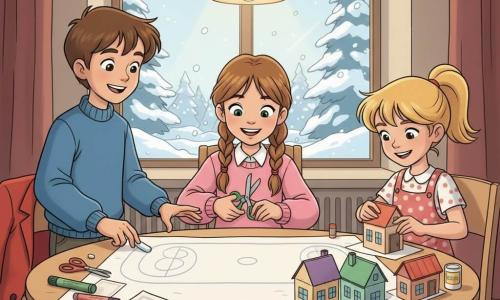 Trois enfants d’environ 10 ans — Léa, souriante et émerveillée, cheveux châtain clair en deux nattes, assise et découpant une petite maison en papier ; Tom, debout à gauche, cheveux bruns courts, pull bleu, traçant à la craie le contour d’une patinoire sur le papier ; Emma, assise à droite de Léa, cheveux blonds en queue de cheval, robe à pois, collant des fenêtres sur une boulangerie miniature — construisent ensemble un village en papier sur une grande table ronde de la salle commune de l’école, atmosphère chaleureuse et créative, papier froissé, colle brillante, feutres et ciseaux colorés, lumière douce d’une lampe et fenêtre montrant des arbres enneigés et des flocons.