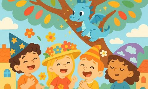 Quatre amis se tiennent sous un grand arbre aux feuilles colorées : Milo, un garçon de 8 ans aux cheveux bouclés et bruns, jongle avec des fleurs en riant. Clara, une fille de 7 ans aux cheveux longs et blonds, sourit joyeusement entourée de fleurs multicolores. Tom, un garçon de 6 ans aux cheveux courts et roux, éclate de rire avec un chapeau de clown orné de fleurs. Lila, une fille de 7 ans aux cheveux châtains et bouclés, les yeux fermés, est entourée de petits nuages colorés. Le village est coloré avec des maisons pastel et un ciel bleu. Les amis aident un petit dragon bleu coincé dans une branche, et le dragon les regarde avec gratitude alors que des étincelles de magie dansent autour d'eux.