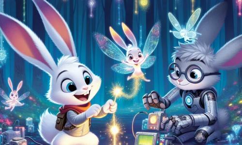 Mistral, un lapin techno-magique au pelage blanc éclatant, est au centre de la scène, souriant et tenant un petit appareil scintillant, le Bric-à-Brac. À ses côtés, Flocon, une fée aux ailes brillantes, flotte dans les airs, curieuse et joyeuse, agitant une baguette magique laissant une traînée de poussière d'étoiles. Pixel, un lapin technomage au pelage gris métallique et lunettes futuristes, se penche sur un dispositif complexe, concentré mais souriant, prêt à collaborer avec Mistral. La scène se déroule dans une clairière enchantée, entourée de grands arbres aux feuilles brillantes et de fleurs luminescentes dansant au rythme d'une douce mélodie. Ensemble, ils travaillent à une invention magique, montrant que magie et technologie peuvent coexister harmonieusement.