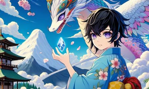 Haruto, un jeune homme de 16 ans aux cheveux noirs et aux yeux curieux, se tient au sommet d'une montagne sacrée, souriant d'émerveillement. Il porte un kimono bleu orné de motifs de cerisiers en fleurs et tient un cristal brillant diffusant une douce lumière. À ses côtés, un majestueux dragon aux écailles colorées s'élève dans les airs, observant Haruto avec bienveillance. En arrière-plan, des nuages flottants entourent le sommet, sous un ciel bleu éclatant. Des cerisiers en fleurs bordent le chemin menant à un ancien temple recouvert de mousse, ajoutant mystère à l'environnement. Haruto découvre le cristal de vérité, un moment de révélation et de connexion avec la sagesse ancienne, encouragé par le dragon à embrasser son destin.