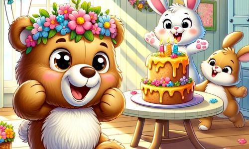 Petit Ours, un ours en peluche brun aux yeux pétillants, se tient au centre, souriant avec une couronne de fleurs. À ses côtés, Lapinou, un lapin blanc aux grandes oreilles, saute de joie en tenant un gâteau au miel décoré. En arrière-plan, Maman Ours, une ourse au pelage brun clair, entre avec un regard surpris et heureux, prête à accueillir la surprise. La scène se déroule dans un salon chaleureux, décoré de fleurs et de ballons, avec un grand gâteau au miel sur la table. Petit Ours et Lapinou crient "Surprise!" créant une atmosphère de joie pour la fête des mères.