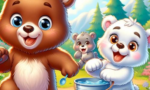 Petit Ours brun, un ourson au pelage brun, est debout sur ses pattes arrière avec un grand sourire et tient une petite cuillère. À côté, Petit Ours blanc, un ourson au pelage blanc, rit en courant vers un seau d'eau, prêt à jouer. Petite Ourse grise, au pelage gris, attend son tour avec impatience. Ils se trouvent dans un camp d'été en forêt, entourés d'arbres et de fleurs, jouant joyeusement au jeu de l'eau et s'encourageant mutuellement.