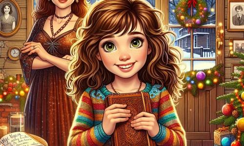 Léa, une fille de 11 ans aux cheveux châtains et aux yeux pétillants, se tient au centre de la pièce avec un sourire radieux. Elle porte un pull coloré et un pantalon en jeans, tenant un carnet en cuir, son regard rempli d'excitation. À côté d'elle, sa mère, une femme d'une trentaine d'années avec des cheveux longs et bruns, sourit fièrement, vêtue d'une robe festive et tenant une guirlande scintillante. En arrière-plan, la maison en bois de Montclair est décorée de guirlandes et de lumières scintillantes, avec des photos anciennes et une horloge sur la cheminée, créant une ambiance nostalgique. La scène illustre Léa découvrant le carnet de résolutions de sa famille, entourée de décorations de Nouvel An, dans une atmosphère chaleureuse et festive, pleine de magie et d'espoir pour l'année à venir.