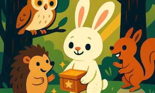 Un petit lapin blanc aux grandes oreilles souples, un peu poussiéreux de mousse, tient au centre une petite boîte en bois sculpté qui luit d'une lueur dorée, à gauche un hérisson rond aux piquants doux regarde la boîte la patte levée, derrière une chouette aux yeux sages est perchée sur une branche ailes mi-ouvertes, à droite un écureuil roux à la queue touffue se tient sur une pierre prêt à courir ; clairière lumineuse au sol couvert de mousse, arbres aux troncs épais, petites fleurs et champignons rouges à pois blancs, rayons de lumière diagonaux ; les amis viennent de découvrir une boîte magique projetant une carte d'étoiles scintillante, ambiance d'émerveillement, couleurs plates et contrastées, formes simples et composition centrée sur la boîte lumineuse.