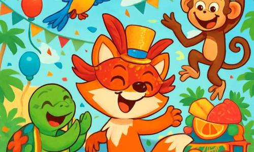 Petit Renard, un renard aux poils orange vif et à la queue touffue, porte un masque à plumes rouges et un chapeau brillant. Il danse joyeusement au milieu de la foule. À ses côtés, Lina, une tortue verte avec une carapace décorée de fleurs, bat des mains en riant. Coco, un singe espiègle aux poils bruns, fait des grimaces en se balançant d'une branche à l'autre. Paco, un perroquet aux plumes bleu et jaune, vole au-dessus d'eux en chantant. L'île est festive, ornée de guirlandes multicolores, de ballons et de chars décorés. Des confettis volent dans l'air, et la musique joyeuse résonne. Petit Renard et ses amis dansent ensemble, célébrant le carnaval avec énergie.