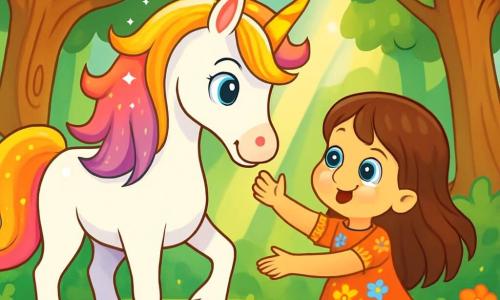 Une magnifique licorne aux crins scintillants, d'un blanc éclatant, se tient au centre de la scène, baissant la tête pour toucher délicatement la main d'une petite fille nommée Léa, six ans, aux longs cheveux bruns et aux yeux curieux. Elle porte une robe colorée ornée de fleurs et sourit avec joie, les bras tendus vers la licorne. La scène se déroule dans une forêt enchantée, où de grands arbres aux troncs noueux s'élèvent majestueusement, et des fleurs multicolores parsèment le sol, créant une atmosphère magique. La licorne et Léa partagent un moment de tendresse, prêtes à établir une belle amitié.
