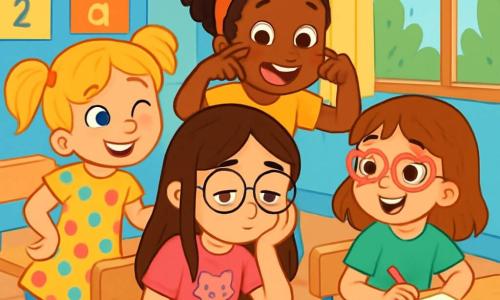 Il y a 4 enfants : Zoé, une fille de 8 ans avec de longs cheveux bruns et des lunettes rondes, porte un t-shirt rose avec un chat et un jean bleu. Elle est assise à son bureau, l'air pensif, regardant son cahier de mathématiques. Léa, aussi âgée de 8 ans, a des cheveux blonds en couettes et un grand sourire, portant une robe à pois multicolores et des baskets rouges. Elle est debout à côté de Zoé, lui faisant un clin d'œil. Inès, également 8 ans, a des cheveux châtains et des lunettes en forme de cœur, portant un t-shirt vert et une jupe à fleurs. Elle est assise en face de Zoé, dessinant un gâteau sur son cahier. Fatou, la dernière fille de 8 ans, a des cheveux crépus et un bandeau coloré, portant un t-shirt jaune et un short en jean. Elle est debout derrière Zoé, tirant une grimace amusante. La scène se déroule dans une salle de classe lumineuse avec des murs bleus clairs et des affiches colorées. Zoé, un peu triste pour son anniversaire, découvre un mot caché dans son cahier, tandis que ses amies, joyeuses, l'entourent pour lui remonter le moral et lui faire une surprise, créant une ambiance pleine de couleurs et de rires.
