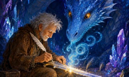 Mériol, assis, ému et humble, visage ridé et cheveux gris, tient une lame brillante sur ses genoux et trace son nom à la plume; derrière lui, un immense dragon bleu aux écailles saphir et aux yeux ambrés se penche avec bienveillance, soufflant des volutes lumineuses bleues qui, au-dessus de la lame, participent au moment précis de la réparation où une écriture lumineuse reforgé la lame dorée au centre, ponctuée d'éclats argentés; la grotte des Monts d'Azur, peinte en bleus profonds et violets avec parois cristallines et sol argenté miroitant, baigne la scène d'une atmosphère magique et chaleureuse; style acrylique, couleurs vives et contrastées, coups de pinceau visibles, formes douces adaptées aux enfants, éclairage dramatique focalisé sur la lame.