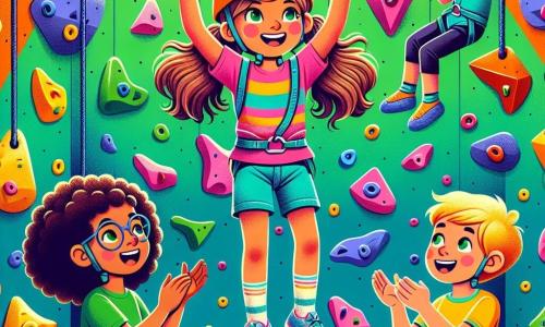 Lila, une petite fille de 8 ans, se tient au sommet d'un mur d'escalade coloré, souriante, avec de longs cheveux bruns en couettes, un t-shirt rose, un short bleu et un casque jaune. À ses côtés, Clara, aussi âgée de 8 ans, applaudit en t-shirt vert et pantalon noir. Max, un garçon de 9 ans aux lunettes et cheveux châtains, grimpe avec concentration, tandis que Tom, 8 ans avec des cheveux roux, encourage ses amis en bas. La salle d'escalade intérieure est décorée de murs multicolores avec des prises variées et des tapis de sécurité. Lila et ses amis célèbrent leur succès après un entraînement intense, remplis de rires et d'encouragements.