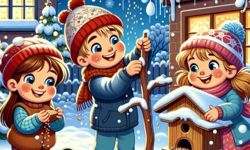 Trois enfants joyeux jouent dans un jardin enneigé. Léa, 8 ans, sourit en tenant une branche pour construire un abri pour les oiseaux. À côté, Thomas, 7 ans, verse des graines dans l'abri, tandis que Mia, 6 ans, rit en tenant de la neige. Le jardin est recouvert de neige scintillante, avec des arbres chargés de flocons. En arrière-plan, une maison chaleureuse avec des fenêtres illuminées crée une ambiance accueillante. Les enfants s'amusent à préparer un abri pour les oiseaux tout en profitant de la magie de l'hiver.