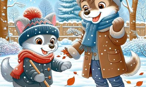 Petit Loup, un jeune loup aux poils gris et doux, porte un bonnet rouge et une écharpe bleue. Il saute de joie dans la neige, ses yeux pétillants de bonheur. À côté de lui, Maman Loup, une louve au pelage brun, sourit fièrement. Elle porte un manteau d'hiver et ramasse des feuilles avec une pelle en bois. Le jardin hivernal est recouvert d'une épaisse couche de neige scintillante sous le soleil, avec des arbres aux branches nues en arrière-plan et des flocons de neige tombant doucement. Petit Loup et Maman Loup préparent leur jardin pour l'hiver en s'amusant dans la neige.