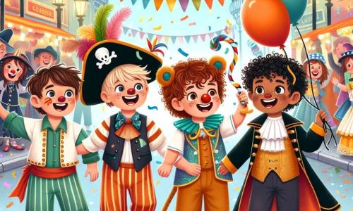 Quatre amis garçons de quatre ans se tiennent au centre de la scène : Léo, en costume de pirate avec un chapeau noir et une épée en plastique, sourit. À sa droite, Max, déguisé en clown avec un nez rouge et des ballons colorés, rit joyeusement. À gauche, Tom, en costume de lion avec une grande crinière dorée, regarde autour de lui avec curiosité. Enfin, Hugo, en cape de magicien tenant une baguette magique, affiche un air concentré. Le décor est une rue animée d'un village coloré, ornée de guirlandes multicolores et de confettis. Des personnages déguisés dansent autour d'eux, tandis qu'une fontaine scintille au fond. Les quatre amis sont en quête d'un trésor caché après avoir reçu un indice d'un clown magique, prêts à partir à l'aventure avec des sourires radieux.