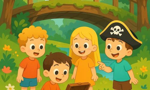 Quatre enfants, deux garçons et deux filles, se tiennent dans une clairière ensoleillée sous un vieux pont en bois. Lucas, un garçon de six ans, est agenouillé avec une vieille boîte en fer rouillé. À côté de lui, Max l'observe avec émerveillement. Émilie sourit joyeusement, tandis que Léo, portant un chapeau de pirate, pointe la boîte avec excitation. La clairière, entourée d'arbres majestueux et de fleurs colorées, crée une ambiance paisible. Les enfants viennent de découvrir un trésor caché sous le pont, rempli de bijoux en plastique et de pièces dorées, et sont émerveillés par cette découverte.