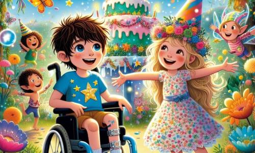 Dans un jardin magique, Timéo, un garçon de 7 ans en fauteuil roulant, est assis à côté de sa meilleure amie Zoé, 6 ans, qui porte un chapeau coloré et une robe à fleurs. Le jardin est rempli de fleurs colorées, de papillons et d'un grand gâteau d'anniversaire. Des lutins joyeux sautent et chantent autour d'eux. Timéo et Zoé rient ensemble, entourés de bulles colorées et de confettis, vivant un moment de joie et de magie, célébrant leur amitié et l'anniversaire.