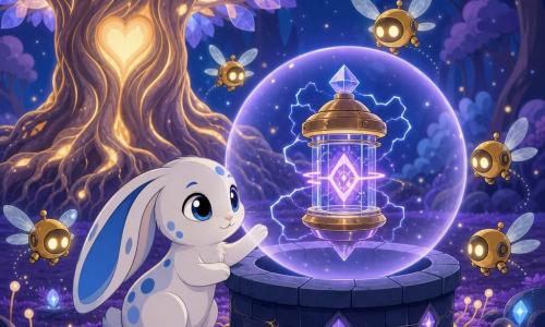 Un petit lapin blanc tacheté de bleu aux longues oreilles soyeuses et grands yeux ronds est assis devant une balise flottante en métal poli et verre — patte posée sur son socle pour la calmer — tandis que la balise, rayonnée de bandes violettes et d’éclairs bleus, clignote au‑dessus d’un puits sombre; de petits robots‑lucioles dorés aux ailes translucides bourdonnent en cercle en émettant des lueurs pâles, et, en arrière‑plan à gauche, le Cœur de la Forêt — un énorme arbre aux racines lumineuses et feuilles comme du verre — veille sur cette clairière de forêt de cristal (mousse violette, pierres luisantes, puits en pierre noire), alors qu’une bulle de lumière apaisante émane du lapin pour stabiliser la balise.