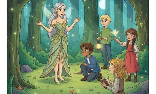 Elanor, une elfe bienveillante et émerveillée aux longs cheveux argentés, peau légèrement dorée, oreilles pointues et petites ailes translucides scintillant comme du verre, vêtue d’une robe de feuilles vert pâle et fils d’or, se tient au centre d’une clairière de la Forêt d’Émeraude au crépuscule, un bras levé pour accueillir des enfants : Lila, 10 ans, cheveux bouclés dorés, yeux bleus, tenue champêtre, carnet et crayon, enthousiaste ; un garçon d’environ 11 ans, cheveux bruns courts, veste bleue, accroupi à gauche pour observer des champignons lumineux, curieux ; une fille d’environ 9 ans, cheveux tressés bruns, robe rouge, émerveillée, pointe un papillon lumineux près d’un buisson ; un garçon d’environ 10 ans, cheveux blonds, pull vert, tenant une petite lanterne et regardant le ciel étoilé, rêveur. Lieu : herbe moelleuse, cercle de champignons phosphorescents, arbres gigantesques aux troncs verts veinés d’or, lucioles flottantes, rayons de lune filtrant entre les branches, petites pierres moussues et sentier de sable clair ; situation : réunion chaleureuse et magique où l’elfe accueille les enfants pour écouter et partager des rêves, ambiance douce aux tons émeraude, or et pastel.