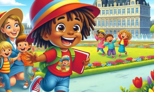 Lucas, un petit garçon de 4 ans avec des cheveux bruns en bataille et un grand sourire, porte un chapeau rouge et des chaussures bleues. Il saute de joie en tenant un carnet rouge, les yeux pétillants d'excitation. À côté, sa maîtresse, une femme d'une trentaine d'années avec des cheveux blonds en chignon et une robe colorée, sourit et l'encourage. Le décor est un parc à Vienne, rempli de fleurs colorées et de grands arbres, sous un ciel bleu avec quelques nuages. Lucas, ravi, retrouve son carnet perdu, entouré de ses amis qui l'encouragent, tandis que la maîtresse les observe avec bienveillance.
