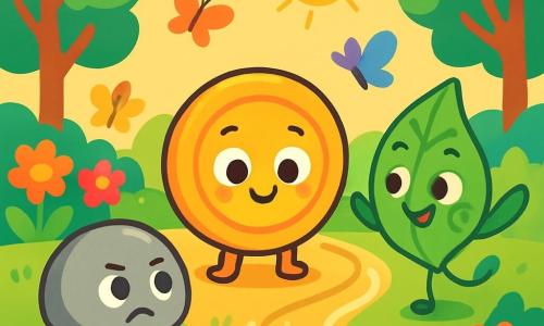 Petit Bouton, un petit bouton souriant et curieux, se tient au centre de l'image, émerveillé par une trace brillante au sol. À sa droite, Feuille Verte, une feuille espiègle, danse joyeusement, prête à explorer. À sa gauche, Caillou Gris, un caillou déterminé, est prêt à suivre la piste mystérieuse. Le cadre est un jardin coloré, rempli de fleurs vives, de papillons et d'arbres, baigné par la lumière dorée du soleil. Les trois amis sont excités et curieux, prêts à suivre la trace brillante promettant une aventure.
