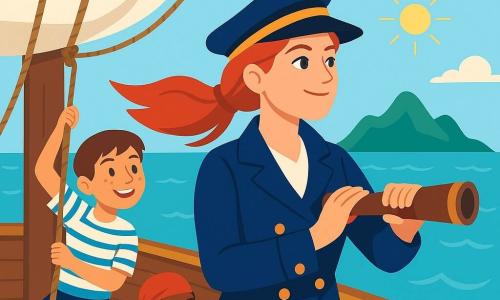 Capitaine Aurore, femme aux yeux brillants et visage déterminé, cheveux roux en tresse balayée par le vent, sourit en tenant une longue-vue en bois depuis la proue; à l'arrière, un garçon de 12 ans aux cheveux bruns et taches de rousseur, en chemise rayée, grimpe une corde en l'admirant; à gauche, une pirate adulte à peau foncée et bandana rouge déploie une carte près d'un coffre ouvert; le tout sur un pont de bois verni avec cordages et un grand mât à voile crème, mer turquoise scintillante et une île mystérieuse à l'horizon, ambiance d'aventure, couleurs vives et formes simples pour un rendu enfantin.