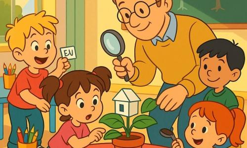 M. Lucas, instituteur souriant aux cheveux châtain clair et lunettes rondes, en pull moutarde et pantalon bleu, penché avec bienveillance tenant une loupe et posant une mini-cabane en papier sur un pot de plante ; autour, Lila (5 ans, couettes brunes) à genoux touchant une feuille, Tim (6 ans, blond en bataille) debout à gauche tenant une étiquette "eau", Sacha (5 ans, cheveux noirs) à droite tenant une cuillère de terre, Ana (4 ans, rousse) assise applaudissant avec son doudou ; grande salle de classe lumineuse aux tables rondes colorées, crayons vifs, tableau à craie et boîte verte ouverte ; moment tendre et scientifique d'observation, protection de la plante et prise de notes, ambiance douce aux couleurs pastel, expressions d'émerveillement et coopération.