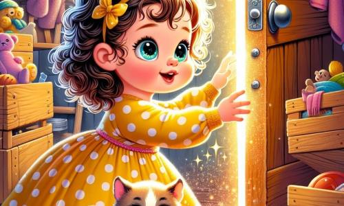 Une petite fille de 2 ans, aux grands yeux brillants et cheveux bouclés, porte une robe jaune à pois et sourit émerveillée en ouvrant une porte scintillante dans un grenier poussiéreux. À ses côtés, un petit chat aux poils doux et yeux verts pétillants la regarde amicalement, assis sur une vieille caisse en bois. Le grenier est rempli de vieux jouets, de toiles d'araignée et de rayons de lumière filtrant par une fenêtre, avec des cartons empilés et des souvenirs éparpillés. Lili découvre une porte magique menant à un monde coloré et fantastique, impatiente de commencer son aventure.