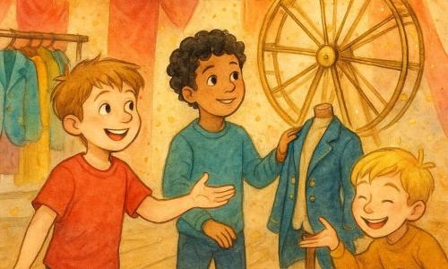 Trois garçons dans une piste de cirque sous une grande tente rayée rouge et blanche : Léo, presque 9 ans, cheveux châtain clair en bataille, visage rond et souriant, debout au premier plan à gauche, tend la main vers la grande roue en la complimentant ; Max, 9 ans, cheveux noirs bouclés et yeux doux, au centre droit, caresse une manche de costume sur un mannequin en regardant la roue avec admiration ; Tom, 8 ans, blond et malicieux, placé légèrement derrière Léo au centre, fait une révérence théâtrale en riant et tient un petit carnet ; autour d’eux, plancher de bois ciré, portants de costumes colorés à gauche, un grand registre ouvert sur une table, guirlandes de lampions jaunes, et à l’arrière-plan droit une grande roue d’équilibriste en métal doré un peu usé qui commence à tourner doucement sous l’effet d’un « marathon de compliments », avec éclaboussures d’aquarelle dorée et confettis flottants suggérant la magie.
