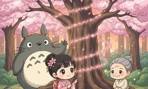 Sakura, jeune femme aux cheveux noirs en chignon décoré d'une fleur de cerisier, visage rond et yeux brillants, agenouillée devant l'immense Arbre des Souhaits dans une clairière de cerisiers en fleurs au crépuscule, pose les mains près du tronc en chuchotant un vœu ; Totoro, grand esprit forestier pelucheux gris au ventre clair, se tient derrière elle à gauche, bienveillant et une patte levée, et une grand-mère aux cheveux gris en chignon, visage ridé mais souriant, assise sur une pierre à droite, regarde la scène avec tendresse ; sol couvert de pétales roses, mousses, lanternes en pierre, pétales tourbillonnant en spirale lumineuse, ambiance chaleureuse et magique, rendu mignon et simple.