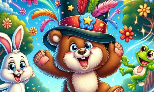 Barnabé, un ours brun malicieux portant un chapeau haut de forme coloré, rit entouré de fleurs dans une forêt enchantée. Près de lui, un lapin blanc espiègle saute joyeusement, tandis qu'une grenouille verte se prépare à un saut acrobatique. La scène est illuminée par le soleil, avec des arbres colorés et un sol couvert de fleurs multicolores. Barnabé assiste à un concours de saut hilarant entre les animaux, créant une ambiance festive.
