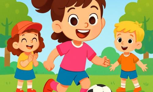 Luna, une petite fille joyeuse de 8 ans, porte un maillot de foot rose et un short bleu. Elle a de grands yeux pétillants et un sourire éclatant. Elle court avec un ballon de foot noir et blanc à ses pieds. À côté d'elle, Mia, une fille de 7 ans avec des cheveux bouclés et une casquette rouge, applaudit en souriant. Tom, un garçon de 8 ans aux cheveux blonds, se tient un peu plus loin, prêt à recevoir le ballon. Le terrain de jeu est un espace vert entouré d'arbres et de fleurs colorées, sous un ciel bleu clair. La scène dépeint une atmosphère joyeuse et dynamique, pleine d'énergie et d'amitié.