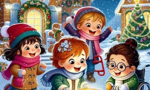 Quatre amis sont réunis : Léo, 8 ans, avec des cheveux bruns en bataille, portant un bonnet rouge et une écharpe bleue, tient une luge rouge. Clara, 7 ans, avec des cheveux blonds tressés, vêtue d'un manteau rose et de gants blancs, chante joyeusement. Max, 9 ans en fauteuil roulant, avec des cheveux noirs et des lunettes, sourit en tenant une cloche argentée. Zoé, 6 ans, avec des cheveux châtains bouclés et une robe verte, s'accroupit près d'une boîte brillante, curieuse. Le décor est un village enneigé avec des maisons en pain d'épices et un grand sapin décoré. Les amis découvrent la boîte sous le sapin, entourés de flocons de neige, tandis qu'une petite fée scintillante, Fée Sucre-d'Orge, les salue, prête pour une aventure magique de Noël.