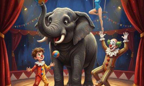 Léo, garçon de 12 ans, rayonnant en petit costume de clown rouge et jaune, lance une balle colorée à Gustave, un éléphant massif au regard malicieux tenant une balle multicolore ; en arrière-plan Sophie, trapéziste aux cheveux roux en justaucorps bleu scintillant, virevolte suspendue à son trapèze, tandis que Max, clown au visage maquillé et nez rouge, fait une pirouette comique à côté de l’éléphant ; le chapiteau de nuit, plancher en bois ciré, rideaux rouges et projecteurs chauds créent une ambiance festive et comique ; style peinture acrylique avec coups de pinceau visibles, textures épaisses, couleurs vives contrastées, éclairage dramatique mais chaleureux, composition centrée et expressions lisibles pour enfants.