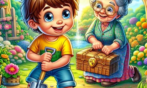 Léo, un garçon de 6 ans aux cheveux bruns en bataille et aux yeux ronds, creuse dans le jardin avec un grand sourire. Il porte un t-shirt jaune et un short bleu, ainsi que des bottes en caoutchouc. À ses côtés, sa Mamie, âgée d'environ 65 ans, avec des cheveux gris en chignon et des lunettes rondes, l'observe avec bienveillance, vêtue d'une robe fleurie et tenant un panier de légumes. Le jardin est luxuriant, rempli de fleurs, d'arbres et d'une mare scintillante. Léo découvre une boîte en bois avec une serrure dorée, tenant une pelle en bois, prêt à ouvrir la boîte pour en révéler le contenu mystérieux.
