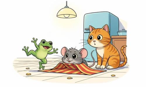 Mimi, petite souris grise aux grands yeux malicieux, se cache partiellement sous un tapis rayé rouge et jaune; Gaston, chat tigré orange aux yeux ronds, cherche près du tapis; Léon, petite grenouille verte, bondit joyeusement à côté; cuisine chaleureuse au sol carrelé crème, frigo bleu pastel et lampe ronde éclairant la scène; jeu de cache-cache coloré et amusant.