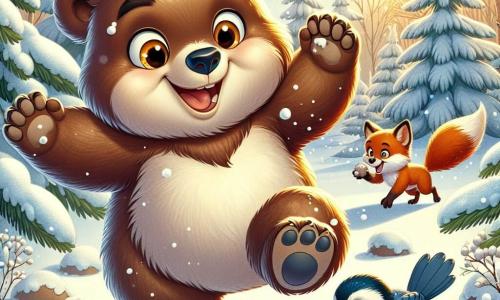 Un jeune ours brun nommé Oscar, rond et doux, avec des yeux curieux et un grand sourire, saute joyeusement dans la neige fraîche. À ses côtés, une mésange aux plumes bleues et jaunes, nommée Léa, vole en cercles autour de lui, picorant des graines sur une branche enneigée. Un renard espiègle, Félix, avec son pelage roux, se tient un peu plus loin, riant et lançant une boule de neige vers Oscar. La scène se déroule dans une clairière enchantée, entourée de sapins chargés de neige scintillante, où le soleil d'hiver brille doucement. Oscar et ses amis s'amusent en construisant des bonshommes de neige et en riant, tandis que des flocons tombent autour d'eux, créant une atmosphère magique.