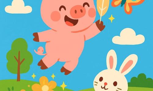 Un petit cochon rose, joyeux et souriant, vole dans le ciel bleu avec une plume magique dans ses pattes. Un papillon coloré danse autour de lui, tandis qu'un lapin blanc l'observe avec admiration dans un jardin fleuri. La prairie, remplie de fleurs et d'arbres, crée un cadre enchanteur. Petit Cochon rit de bonheur, célébrant son vol magique au-dessus de la nature.