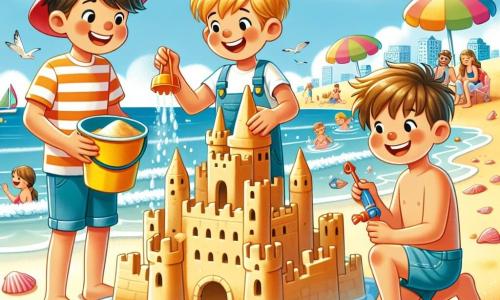 Trois garçons construisent un château de sable sur une plage ensoleillée. Lucas, 8 ans, porte un chapeau rouge et tient un seau de sable. Max, 7 ans, éclabousse l'eau avec ses pieds, tandis que Tom, 6 ans, décore le château avec des coquillages. La plage est magnifique, avec du sable doré, des vagues douces et des parasols colorés. Les garçons rient et s'amusent, créant ensemble leur château, tandis qu'une étoile de mer ajoute une touche de magie à leur journée.