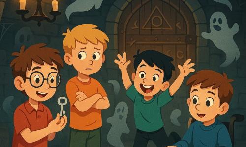 Quatre garçons se trouvent dans une vieille cave mystérieuse : Maxime, 11 ans, cheveux bruns en bataille et lunettes rondes, admire une clé en argent ; Hugo, 12 ans, cheveux blonds et t-shirt orange, se tient à côté de lui, curieux et inquiet ; Lucas, 11 ans, cheveux noirs, danse joyeusement en imitant des fantômes ; Evan, 12 ans en fauteuil roulant, observe un livre ancien sur une table. La cave est sombre, poussiéreuse, avec des murs en pierre et des chandeliers diffusant une lumière vacillante. Une grande porte en bois ornée de symboles mystérieux attire leur attention. Les garçons effectuent un rituel magique entourés de silhouettes de fantômes dansants, créant une atmosphère à la fois effrayante et joyeuse, prête pour une aventure d'Halloween.