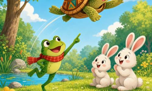 Une petite grenouille verte brillante, yeux ronds, portant une écharpe rouge et en position de saut, sourit et montre une tortue brun-orange à motifs qui bondit au-dessus d'elle, l'air surpris et fier ; deux petits lapins blancs aux oreilles roses applaudissent assis sur l'herbe d'une clairière ensoleillée près d'un étang avec fleurs jaunes et pierres, scène joyeuse et ludique montrant la grenouille apprenant à la tortue à sauter.
