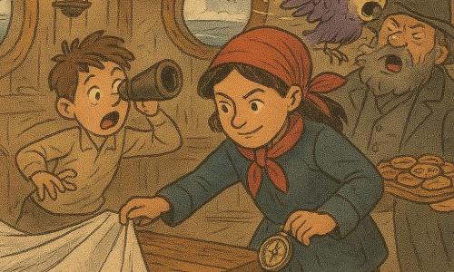 Capitaine Maïa, femme adulte au visage déterminé et souriant, foulard rouge et bottes propres, penchée près d’une table en bois tandis qu’elle glisse discrètement le Compas des Marées dans sa poche; Jo, garçon d’environ 10 ans, petit et vif, tient une longue-vue trop grande et fait semblant de paniquer en renversant la nappe à gauche; Nino, cuisinier rond et bonhomme avec de la farine sur le nez et un tablier, tient un plateau de biscuits juste derrière Maïa à droite, air complice; Capitaine Brume, homme adulte en grand manteau gris et chapeau large, éternue exagérément debout face à Maïa, surpris et ridicule, et son perroquet violet aux plumes exubérantes éternue aussi sur son épaule; intérieur d’un vieux phare en bois avec table rustique, fenêtres rondes sur la mer, lumière dorée des lanternes, cordages en ombre et sol en lattes usées; scène humoristique et malicieuse où les biscuits à la cannelle provoquent un éternuement général, la nappe glisse et Maïa récupère le compas, composition serrée, couleurs chaudes et textures de papier journal imprimé.