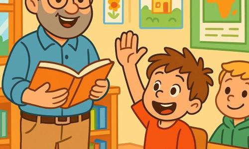 Monsieur Dupont, un instituteur souriant avec des lunettes rondes et une barbe grisonnante, se tient devant une classe d'enfants. Il porte une chemise bleue et un pantalon beige, tenant un livre ouvert, les yeux pétillants d'enthousiasme. Maxime, un garçon de 6 ans avec des cheveux bruns en bataille et un t-shirt rouge, lève la main avec excitation. Léo, un autre garçon de 6 ans aux cheveux blonds dans un sweat à capuche vert, écoute attentivement. La scène se déroule dans une salle de classe lumineuse, décorée de dessins colorés et de posters éducatifs, avec des fenêtres laissant entrer la lumière du soleil. Monsieur Dupont explique avec passion le programme de l'année, captivant l'attention de ses élèves impatients d'apprendre.