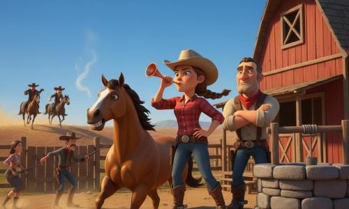 Lila, adolescente cavalière au visage rond et taches de soleil, en chemise à carreaux rouge, chapeau beige et bottes usées, souffle dans un petit cor de cuivre sur une plateforme en bois près du puits, sa natte au vent ; Jasper, son cheval couleur café au poil brillant, renâcle à ses pieds à gauche ; Wade, contremaître d’une cinquantaine d’années au visage buriné, se tient derrière elle, bras croisés ; au loin, deux bandits à cheval crêtent une crête, tandis que trois cow‑boys ferment précipitamment une barrière et qu’une femme rassemble des enfants près de la maison ; décor : ranch en bois avec grande grange rouge, puits en pierre, enclos, poussière dorée soulevée par le vent sous un ciel bleu intense et le soleil de midi — tension palpable alors que le cor retentit et que les assaillants approchent.