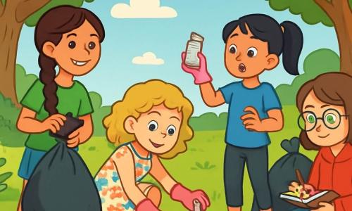 Quatre enfants sont présents : Clara, 10 ans, cheveux bruns tressés, t-shirt vert et short en jean, tient un sac poubelle et sourit ; Lila, 10 ans, cheveux blonds bouclés, robe à fleurs, ramasse des déchets avec des gants roses ; Zoé, 10 ans, cheveux noirs en queue de cheval, t-shirt bleu et leggings noirs, montre un déchet avec surprise ; Emma, 10 ans, cheveux châtains et lunettes, sweat à capuche rouge, prend des notes assise sur l'herbe. L'action se déroule dans un parc verdoyant avec des arbres majestueux, un ciel bleu clair et une flaque d'eau entourée de déchets colorés. Les filles, souriantes, ramassent des déchets ensemble, prêtes à améliorer leur environnement.