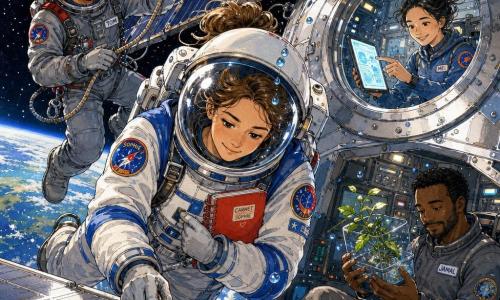 Sophie, astronaute adulte souriante mais concentrée, cheveux attachés, en combinaison blanche et bleue à patches colorés, flotte en apesanteur en réparant un grand panneau solaire argent mat, une goutte d'eau brille sur la visière et elle tient un carnet rouge contre sa poitrine ; Tom (~35 ans), en combinaison grise et légèrement derrière à gauche, ajuste une corde d'amarrage avec assurance, Mei (~30 ans) apparaît par un hublot à droite, chignon flottant, pointant et souriant vers une tablette, et Jamal (~35 ans) est assis à l'intérieur près d'un panneau de commandes, tenant une boîte transparente contenant une plante en apesanteur qu'il regarde avec douceur ; décor extérieur métallique de station spatiale avec larges panneaux solaires, la Terre courbée en arrière-plan, étoiles, reflets froids et ombres douces ; scène collaborative, chaleureuse et rassurante, traits d'encre nets, lavis colorés doux, compositions centrée sur Sophie et le panneau, textures détaillées des combinaisons et luisances sur les casques.