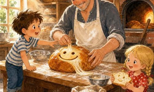 Un boulanger la quarantaine, cheveux poivre et sel, tablier blanc poudré de farine, façonne une pâte en forme de visage souriant; un garçon de 6 ans, cheveux bruns en bataille, t-shirt rayé, debout sur un marchepied à gauche et tendant la main; une fille de 4 ans, cheveux blonds en nattes, robe rouge à pois, assise à droite tenant une tranche de pain chaude et souriante; intérieur de boulangerie en bois clair avec grande table en chêne couverte de poussière de farine, sacs de blé, bols en métal et four en brique émettant une lueur orange; le boulanger trace le sourire avant d'enfourner, la mie blanche s'étire, la croûte dorée brille et des rayons de lumière chaude entrent par la fenêtre; style encre colorée, traits doux, couleurs chaudes et textures visibles de la farine, du bois et de la croûte.