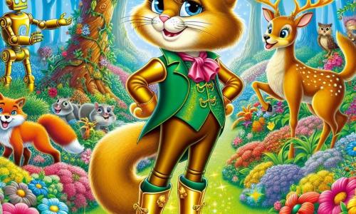 Le Chat Botté, élégant avec ses poils soyeux et ses yeux malicieux, se tient fièrement au centre, ses bottes brillantes scintillant. Il sourit, prêt pour l'aventure. À ses côtés, un robot-jardinier en métal doré chante en arrosant des fleurs colorées. En arrière-plan, un renard rusé observe, caché derrière un buisson, tandis qu'un grand cerf majestueux se tient à proximité, prêt à aider. La forêt enchantée, luxuriante, est remplie d'arbres épais et de fleurs colorées, sous un ciel bleu. Le Chat Botté et ses amis préparent un plan pour sauver la forêt des machines géantes, créant une atmosphère d'excitation et de camaraderie.